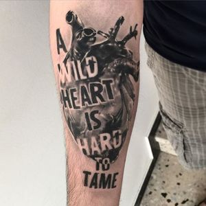 Realistic heart and lettering tattoo by Chris Block. #blackandgrey #realism #lettering #heart #anatomicalheart #ChrisBlock
