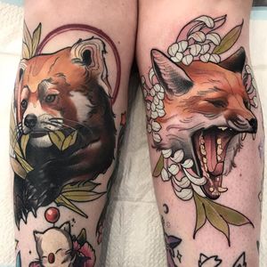 Red Panda and Red Fox by Tim Tavaria #TimTavaria #color #neotraditional #redpanda #leaves #animal #nature #fox #chrysanthemum #floral #tattoooftheday