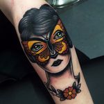 Sad girl tattoo by Danielle Rose #mask #butterfly #DanielleRose #ladyhead #traditional #sadgirl
