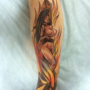 Burning Witch Tattoo by Kate Holt #witch #witchtattoo #burningwitch #burningwitchtattoo #witchhunt #witchhunttattoo #horrortattoo #KateHolt