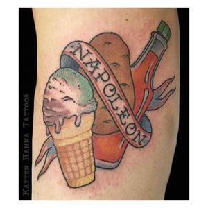 A mother's tribute to her son, with all her pregnancy cravings: ice cream, hot sauce and potatoes. Tattoo by Hanna Sandstrom. #traditional #banner #icecream #hotsauce #potato #HannaSandstrom