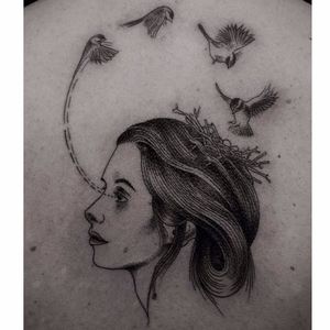 Blackwork bird-woman tattoo by Roma Broslavskiy. #RomaBroslavskiy #blackwork #illustrative #woodcut #surrealism #woman