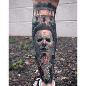 ‘Halloween’ tattoo by Paul Acker. #PaulAcker #horrorrealism #horror #colorrealism #portrait #movie #halloween #slasher #film #popculture #killer
