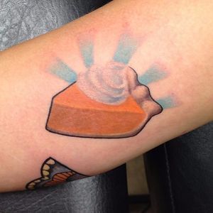 Pumpkin pie tattoo by Mel Perlman. #neotraditional #pumpkinpie #pie #Thanksgiving #MelPerlman #fall #autumn #food #dessert