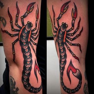 A creepy traditional scorpion tattoo by Christos (IG—christos_tattoos). #Christos #scorpion #traditional