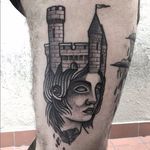 Surrealistic tattoo by Eric Stricker #EricStricker #monochrome #dotwork #blackwork #surrealistic #castle