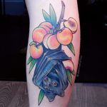 BB bat tattoo by Alexine #Alexine #animaltattoos #color #newtraditional #bat #fruitbat #peaches #peach #foodtattoo #fruit #wings #nature #leaves