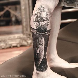 Moby-Dick coming for Ahab's ass in this epic black and grey leg sleeve by Dmitry Troshin. Via Instagram mistertroshin #blackandgrey #DmitryTroshin  #ModyDick #realism #stippling