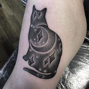Cosmic cat tattoo by Amy Victoria Savage #AmyVictoriaSavage #dotwork #animal #cosmic #cat