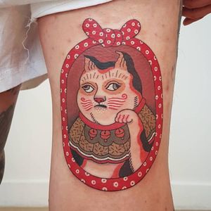 Mrow? Tattoo by Rion #Rion #cattattoos #color #Japanese #vintage #petportrait #luckycat #bells #kitty #cat #frame #pattern #collage #cute #funny
