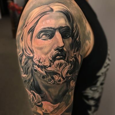 Tattoo by Jose Perez Jr #JosePerezJr #selftaughttattooartists #blackandgrey #portrait #Jesus #Christianity #religious #sculpture #JesusChrist #man #God