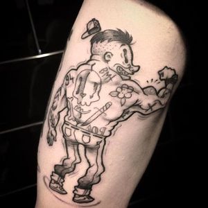 Tattooed muscleman cartoon done by Tommy Lee. #Tommylee #109 #illustrativetattoo #blacktattoo #muscleman #tattoo #tattooed