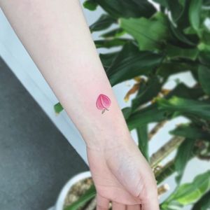 Mini pink peach tattoo by Tattooist_ara #Tattooistara #peachtattoos #Koreanartist #peach #color #minimal #small #pink #fruit #food #cute #nature