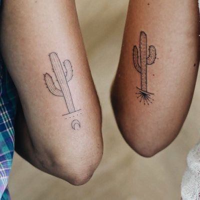 Matching tattoos by Kalulu Tattoo #Kalulu #matchingtattoos #linework #dotwork #simple #minimalist #cacti #plant #moon #sun #symbol #desert #nature #stickandpole #nonelectrictattoo #tattoooftheday