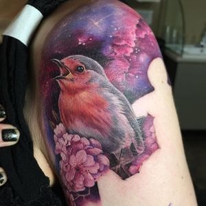 Bird and flower galaxy WIP. Tattoo by Maija Arminen. #realism #colorrealism #MaijaArminen #WIP #bird #flower #galaxy