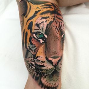 Gorgeous tiger, by Roger Mares. (via IG—mares_tattooist) #neotraditional #animals #creatures #quirky #rogermares