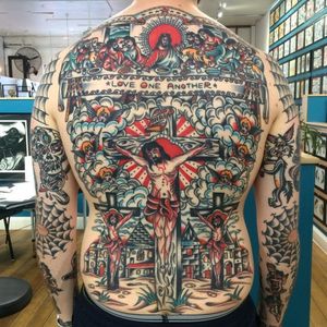 Incredible back piece from this article's cover image! # #FergusSimms #MelbourneTattooCompany #traditionaltattoo #boldtattoos #backpiece
