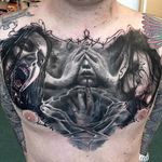 Gnarly chest piece by Maksims Zotovs. #MaksimsZotovs #blackandgrey #horror #macabre #sinister #evil #dark #Laky