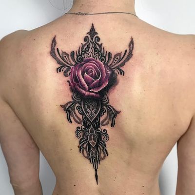 Ornamental rose tattoo by Ryan "The Scientist" Smith #RyanSmith #ryanthescientistsmith #flowertattoos #ornamental #pattern #floral #rose #nature #dotwork #realism #realistic #hyperrealism #linework #tattoooftheday