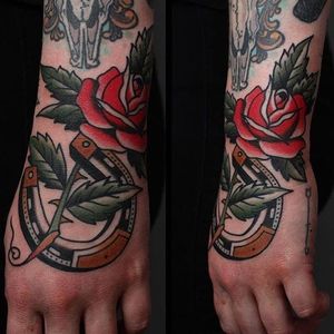 Horseshoe tattoo by Tony Blue Arms. #rose #traditional #horseshoe #classic #staple #goodluck