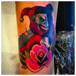 Harlequin and Joker Tattoo by Matt Daniels @Stickypop #MattDaniels #Stickypop #Neotraditional #Cartoon #CartoonTattoo #Manchester #Harlequin #Joker