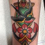 Tattoo by Guen Douglas #GuenDouglas #traditional #color #swallow #bird #feathers #wings #flower #cherryblossom #anchor #heart