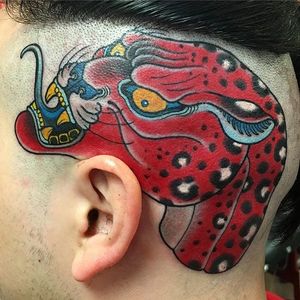 Red Jaguar Tattoo by Curt Baer #jaguar #jaguartattoo #bigcat #bigcattattoo #bigcattattoos #traditional #neotraditional #CurtBaer