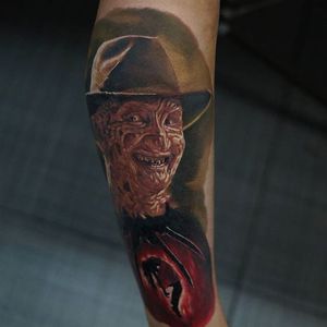 Freddy and his trademark evil grin. Tattoo by Alexander Slobodyan. #realism #colorrealism #portrait  #FreddyKrueger #NightmareOnElmStreet #AlexanderSlobodyan