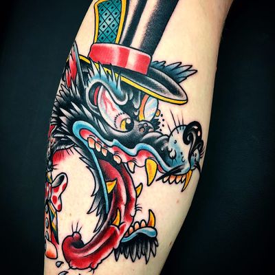 On the hunt for tail by Jordan C Moore #jordancmoore #color #newtraditional #traditional #wolf #tophat #gambler #bowtie #texavery #cartoon #monocle #tattoooftheday