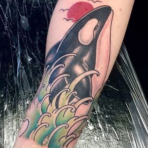 Orca tattoo by Barnaby Titchener. #traditional #waves #orca #killer whale #BarnabyTitchener