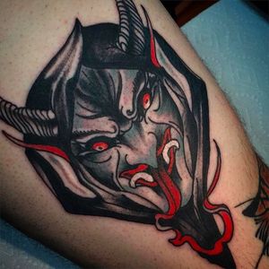 Sick looking demon head tattoo done by Aaron Harman. #AaronHarman #NeoTraditional #SVNHOUSE #demon #devil