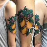 Lemon and flowers arm piece by Sarai. #neotraditional #flowers #lemon #citrus #Sarai