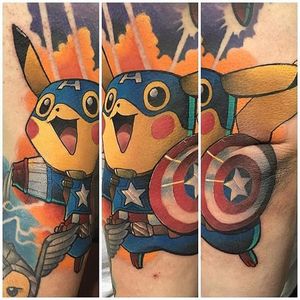 Captain America Pikachu Tattoo by Andy Walker #captainamerica #pikachu #pokemon #pokemongo #pokemonart #popculture #AndyWalker