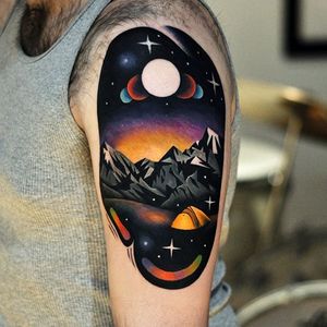 Tattoo by David Cote @thedavidcote #space #color #unique #mountains #landscape