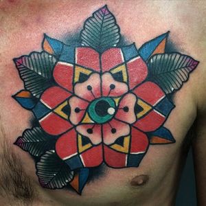 Bright and Bold Flower Mandala Tattoo by Zack Levey at Evolved Body Arts Tattoo #ZackLevey #EvolvedBodyArts #Bright #Bold #Flower #Mandala