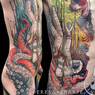 Tatuaje neo tradicional octonauta de Teresa Sharpe.  #neotradicional #TeresaSharpe #octonauta #mar # medusas