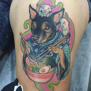 Tattoo by Wendy Pham #WendyPham #TaikoGallery #WenRamen #neutraditional #color #Japanese #mashup #dog #petletportrait #frame #noodles # Eggs #displays #llama #alpaca #food tattoo #pattern #sky