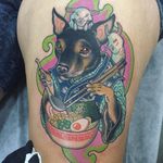 Tattoo by Wendy Pham #WendyPham #TaikoGallery #WenRamen #newtraditional #color #Japanese #mashup #dog #petportrait #ramen #noodles #egg #chopsticks #llama #alpaca #foodtattoo #pattern #cloud