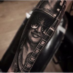 Slash portrait by Ash Lewis #AshLewis #blackandgrey #portrait #realism #slash #GunsNRoses #guitar #tattoooftheday
