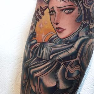 "Hey there Space Cowboy." Portrait by Miss Juliet #MissJuliet #color #newtraditional #lady #pinup #space #stars #lasergun #chrome #portrait #astronaut #robot #biomechanical #AI #tattoooftheday