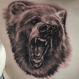 Growling bear tattoo by Jamie Mahood. #blackandgrey #realism #bear #JamieMahood