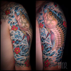 Goin fishin with Mike Rubendall #mikerubendall #Japanese #realism #realistic #color #mashup #fish #bass #waves #ocean #cherryblossoms #flowers #nature #tattoooftheday