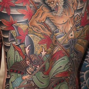 Johan Svahn's (IG—johansvahntattooing) epic back-piece of a samurai battling an oni. #colorful #detailed #Irezumi #JohanSvahn #oni #samurai #traditional