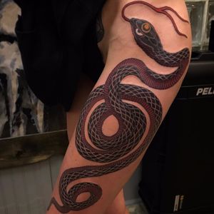 Slick snake by Nick Alvarez #NickAlvarez #snake #color #scales #traditional #Japanese #mashup #tattoooftheday
