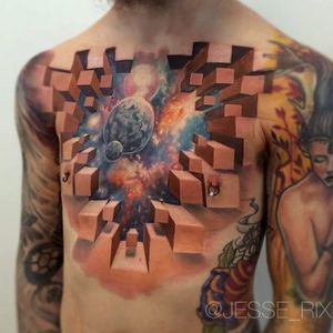 An amazing cosmic scene bursting from a client's chest by Jesse Rix (IG—jesse_rix). #cosmos #geometric #JesseRix #opticalillusion