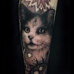 Magic Cat by Aimee Cornwell #AimeeCornwell #neotraditional #blackandgrey #thirdeye #cat #fur #kitty #petportrait #stars #flowers #nature #animal #realistic #tattoooftheday
