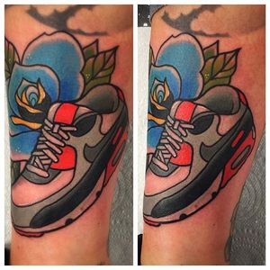 Nike Tattoo by Matt Daniels #nike #niketattoo #nikeshoes #sneaker #sneakertattoo #sneakers #shoes #sports #sportattoos #MattDaniels