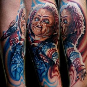Chucky going in for the kill. Tattoo by Cecil Porter. #Chucky #ChildsPlay #horror #doll #realism #colorrealism #CecilPorter