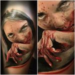 Girl wiping off blood tattoo by Alexander Yanitskiy #alexanderyanitskiy #portrait #realism #realistic #blood #israel #girl