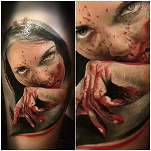 Girl wiping off blood tattoo by Alexander Yanitskiy #alexanderyanitskiy #portrait #realism #realistic #blood #israel #girl